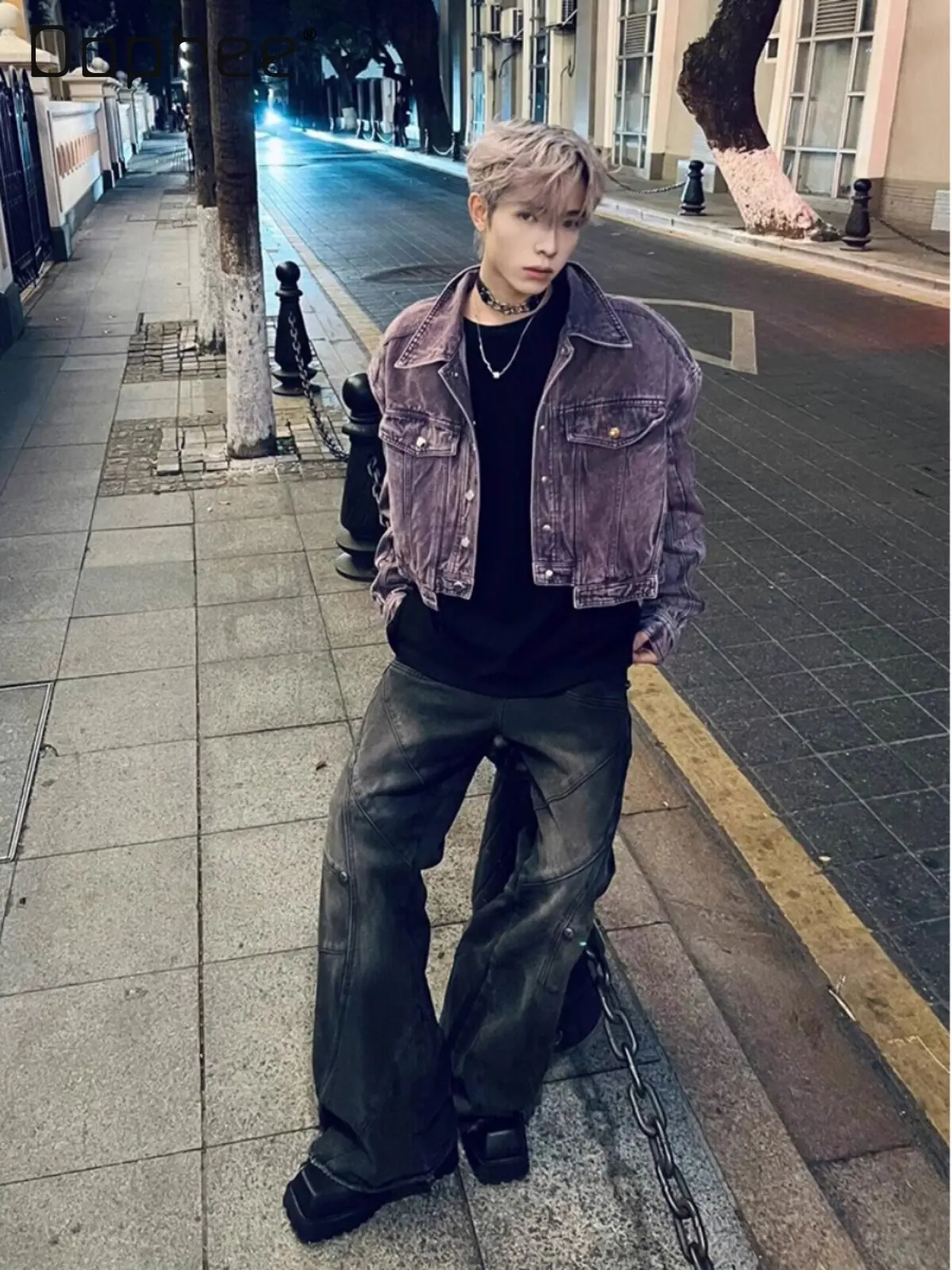 

Men's Spring Autumn Retro American Streetwear Purple Deconstructed Short Denim Jacket Biker Style Slim Casual Blue Coat