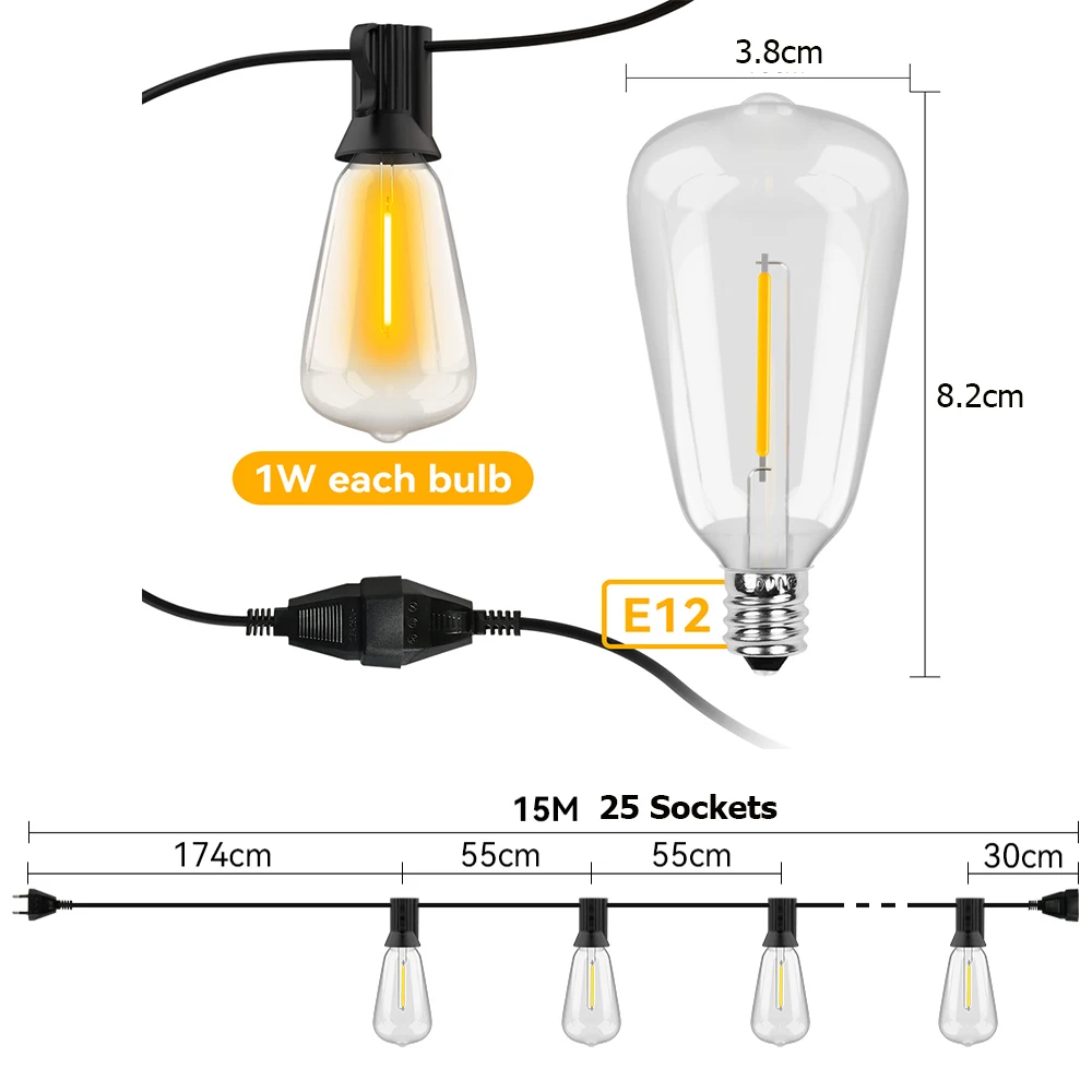 Guirnalda de luces LED ST38 para exteriores, 15M, 20m, IP65, luz de boda inastillable, decoración para jardín, cafetería, Patio