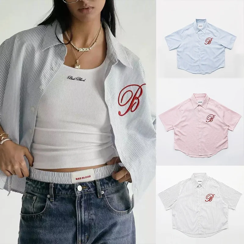 

American Style Spicy Girl Striped Shirt Women Loose Short Sleeve Summer Retro Casual Shirt Trendy Cotton Collar Button down