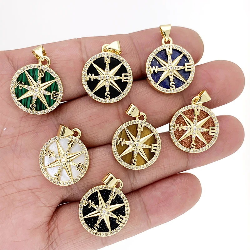 

Round Compass Medal Necklace Pendant Accessories Tiger Eye/Agate/Shell Natural Stone Zircon Charms Pendant For Jewelry Making