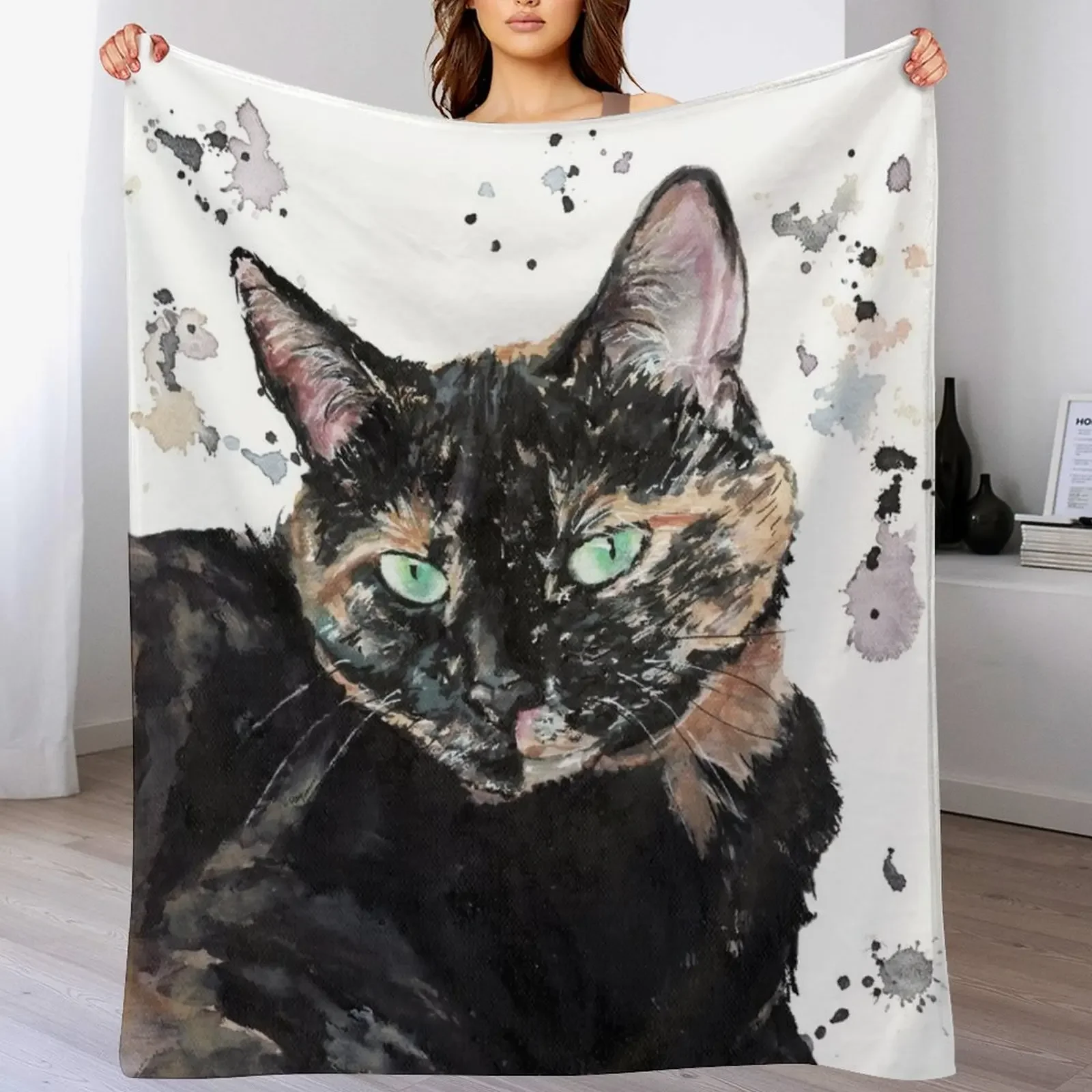 Watercolour Torti Cat Throw Blanket halloween manga Blankets