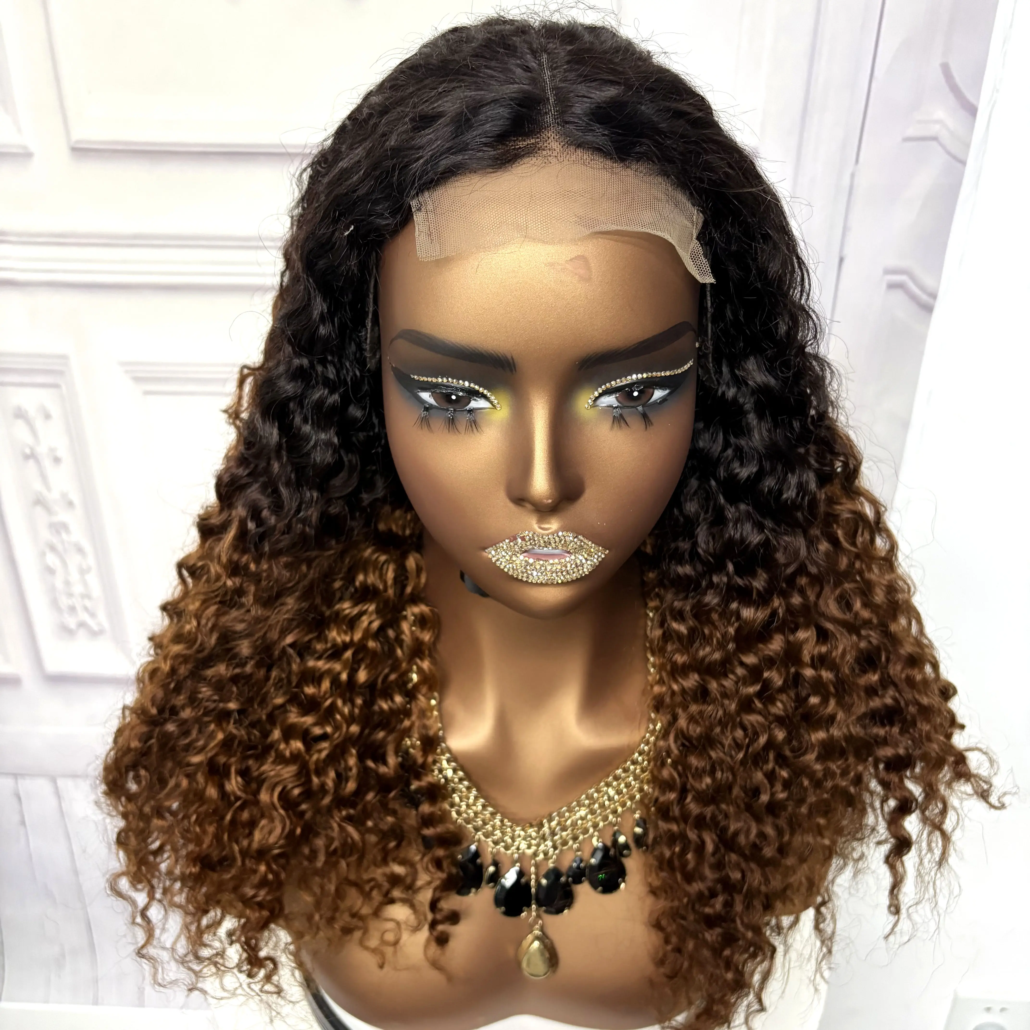 22inch Ombre Brown Water Wave Human Hair Wig 280% 4x4 Transparent Lace Closure Colored Deep Wave Curly Hair Wigs For Black Women