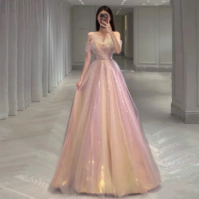 

Candy Pink Prom Dresses Off The Shoulder A Line Sparkly Beading Sweetheart Long Tulle Women Backless Ceremony Party Evening Gown