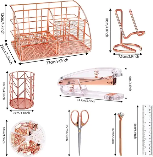 Imagen 2 del producto Accesorios organizadores de escritorio, juego de suministros de oficina, grapadora, portalápices, soporte para teléfono, tijeras, bolígrafo, regla, 30 clips de papel, 22 encuadernaciones