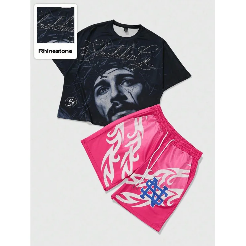 MEN Street Life Men's Street American Jesus Rhinestone Graphic Print Short Sleeve T-Shirt Set Jesus 3D full-body printed design