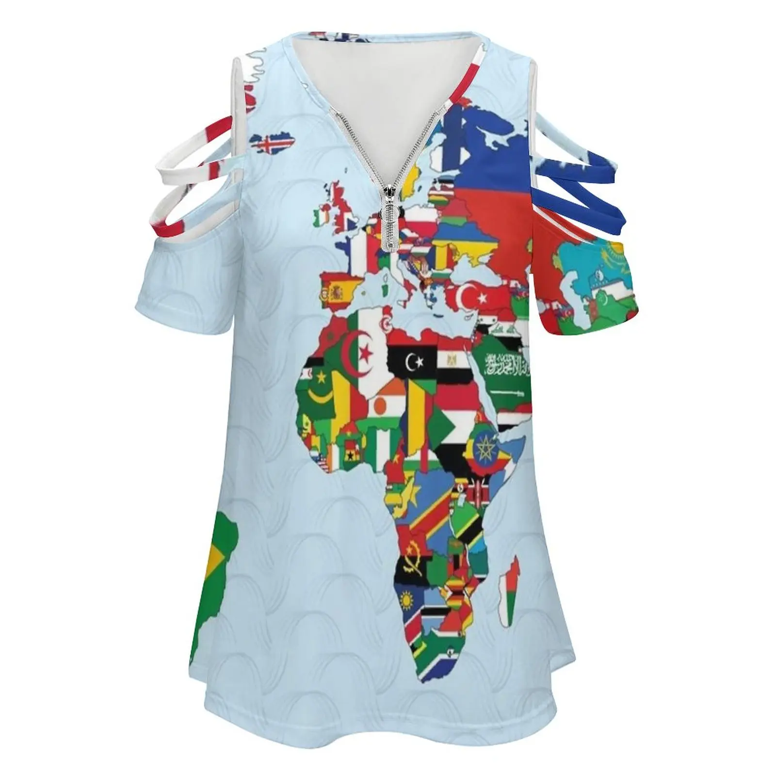 World Map Made Up Of Each Countries Flag Women Zipper Sexy Printed Vintage T Shirts Tops Full Print T-Shirt World Map Globe