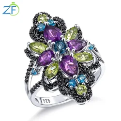 GZ ZONGFA Natural Gemstone Ring Amethyst Peridot Black Spinel for Women Sterling Silver 925 Vintage Engagement Fine Jewelry Gift