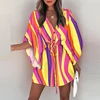 Women Casual Loose Dress Beach Boho Dress Fashion Vintage Print V Neck Drawstring Mini Dress Summer Dresses Robe Femme 2022
