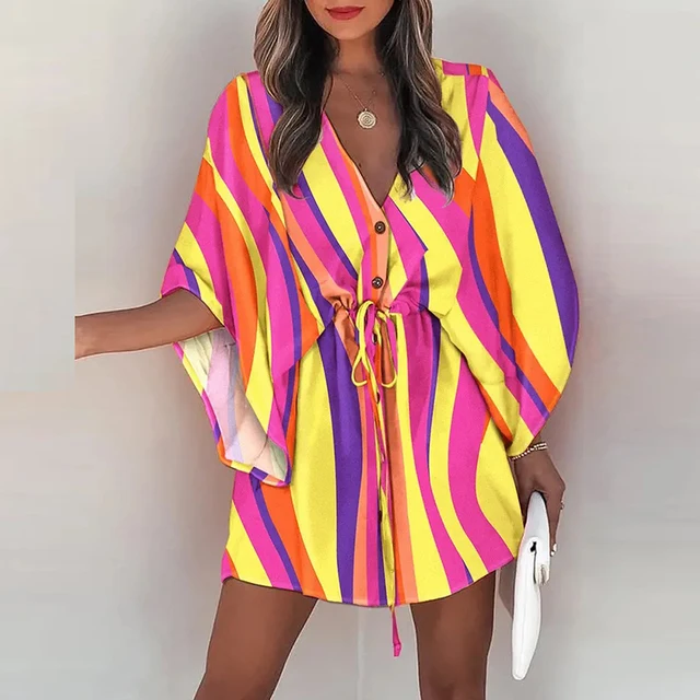 Women Casual Loose Dress Beach Boho Dress Fashion Vintage Print V Neck Drawstring Mini Dress Summer Dresses Robe Femme 2022