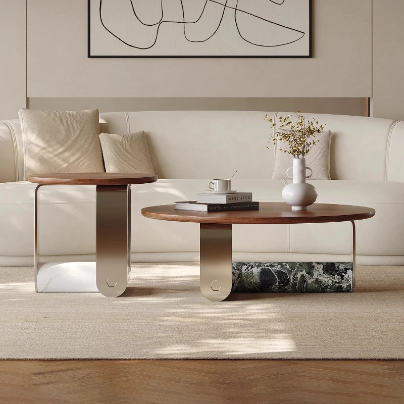 

Medieval coffee table combination, round marble stainless steel light luxury