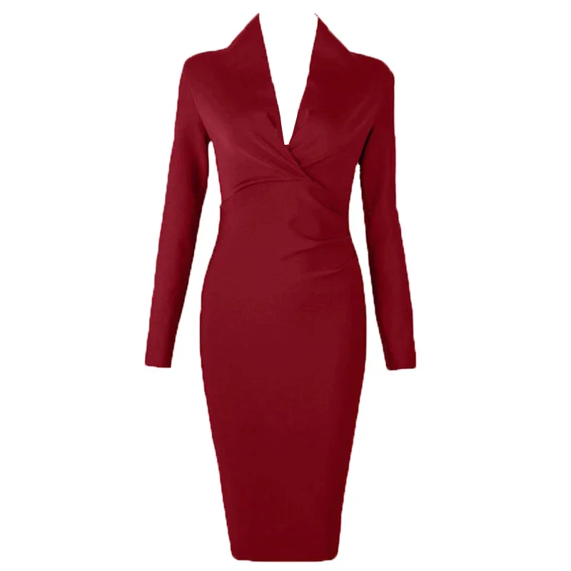 Dames Diepe V-hals Bandagejurk Lange Mouw Plooien Bodycon Zwart Midi Sexy Elegant Club Celebrity Runway Avondfeest Jurken