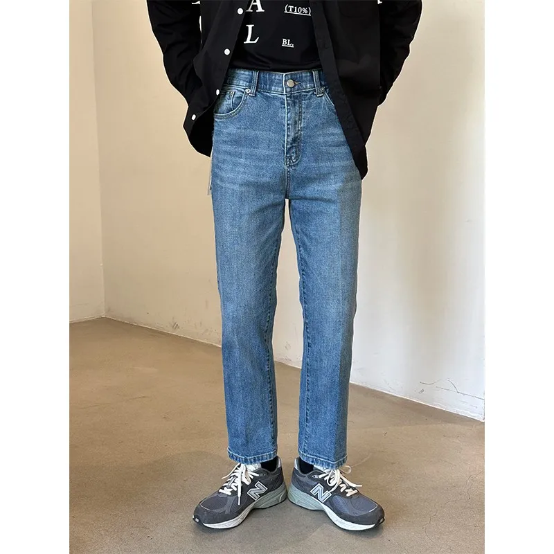Blue Washed Straight Leg Jeans Men's Simple Casual Slim Fit Long Nine Points Spring 2023 Fashionable Youth Low Waist Zipper