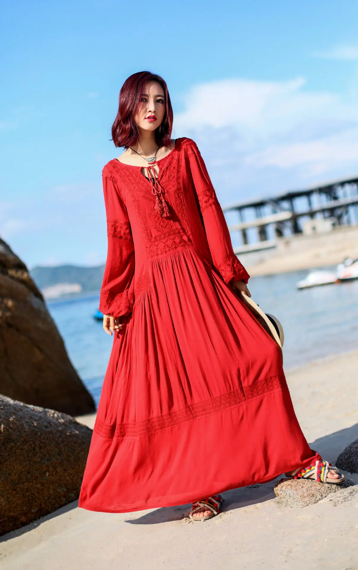 فساتين Jastie النسائية الأنيقة للسيدات فستان ماكسي عتيق بأكمام طويلة مطرز برتقالي وأحمر طراز فيستدوس فيمينينوس بوهو 2025