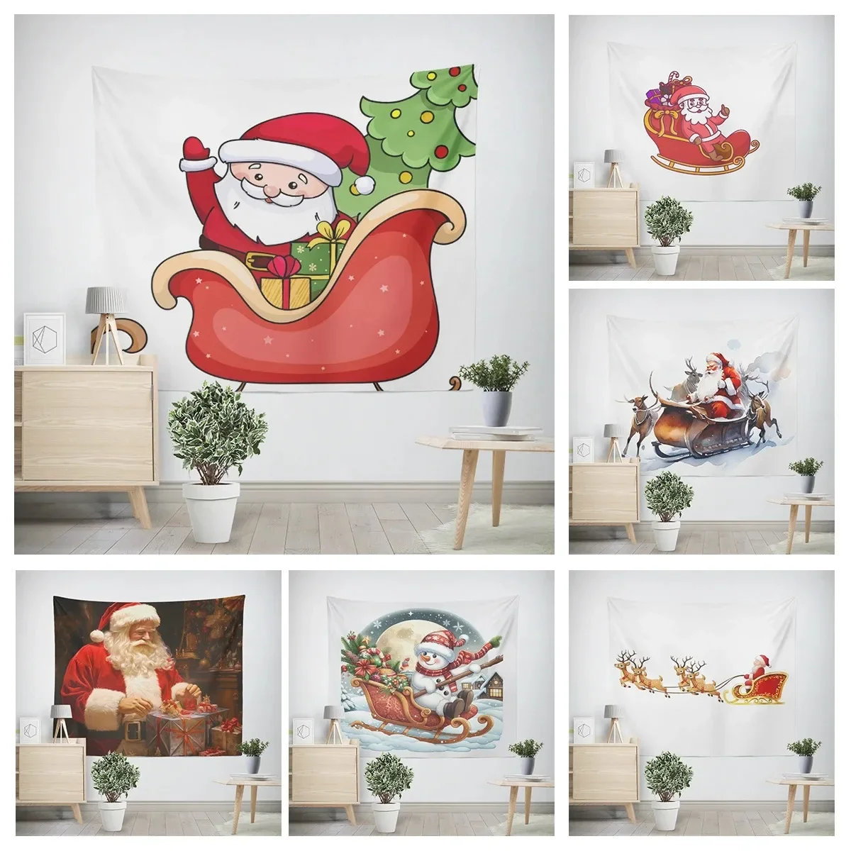 New Year Christmas Cartoon Santa Claus Sleigh Pattern Tapestry Living Room Sofa Home Decor Christmas Gift