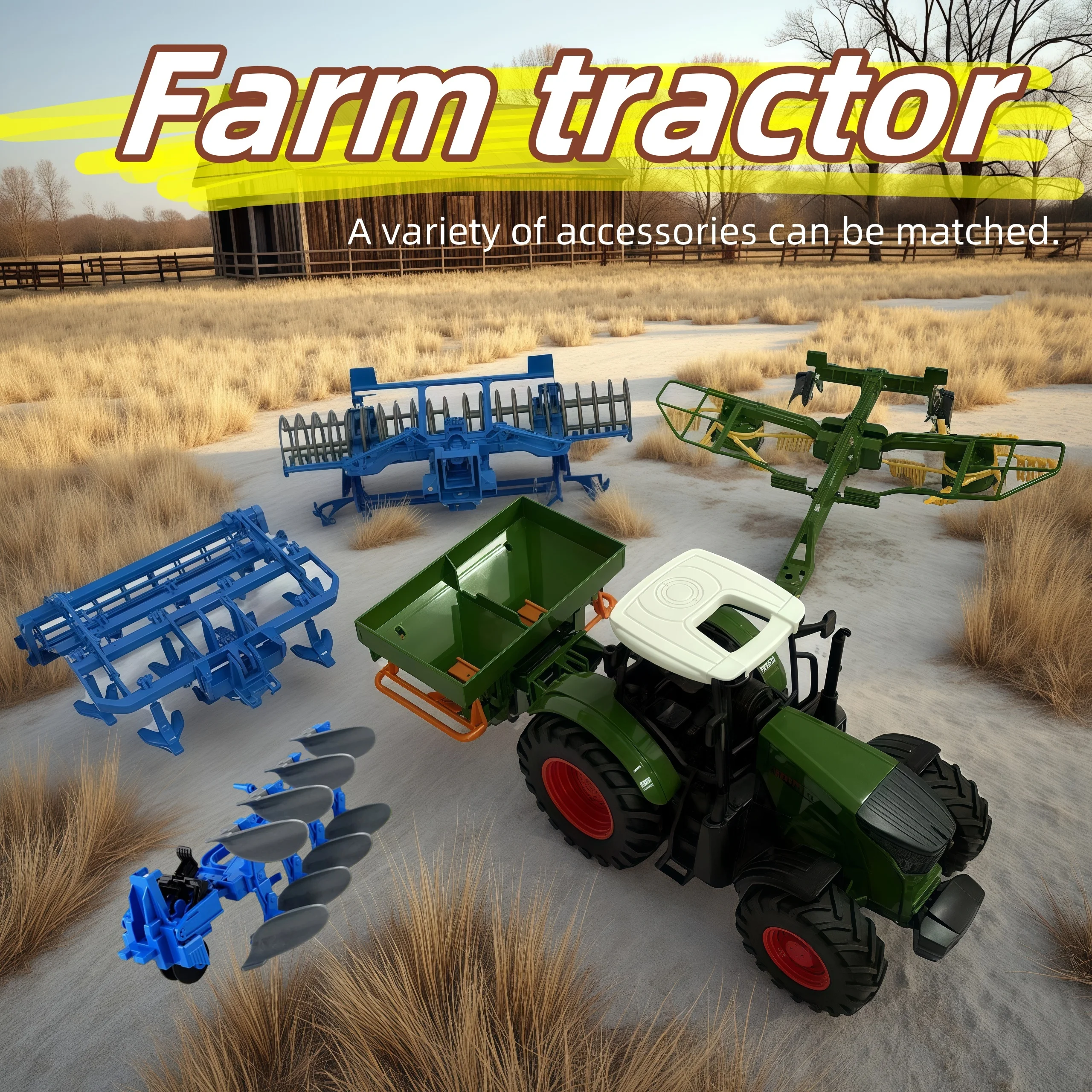 1:24 Scale Farm Tractor with Inertial Function, Freely Combine Accessories for Outdoor Play and Holiday Gifts