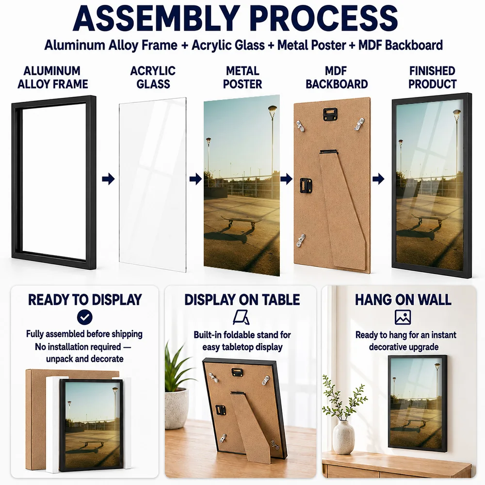 Skateboard On Concrete At Sunset Metal Poster With Aluminum Alloy Frame Personalized Photo Athletic Style Wall Art For Bedroom