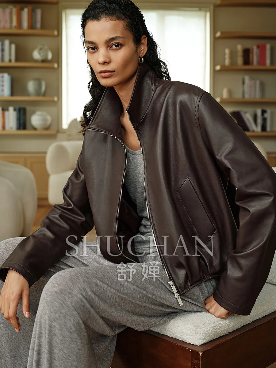 2026 Autumn Winter Jacket Women's Turkish Flexible Vegetable Tanned Sheepskin, Stand-up Collar Pleated Hem Leather Jacket