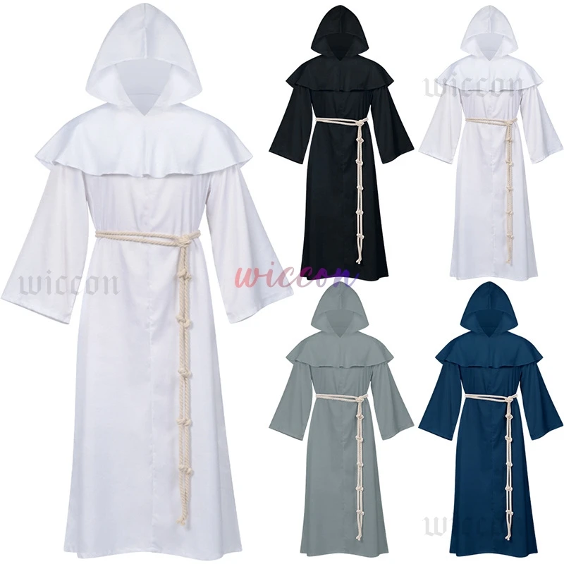 Stil Robe Set Einfarbig Mit Kapuze Robe Mönch Hexe Pastor Halloween Cosplay Kostüm Set mit Robe Gürtel für Partys