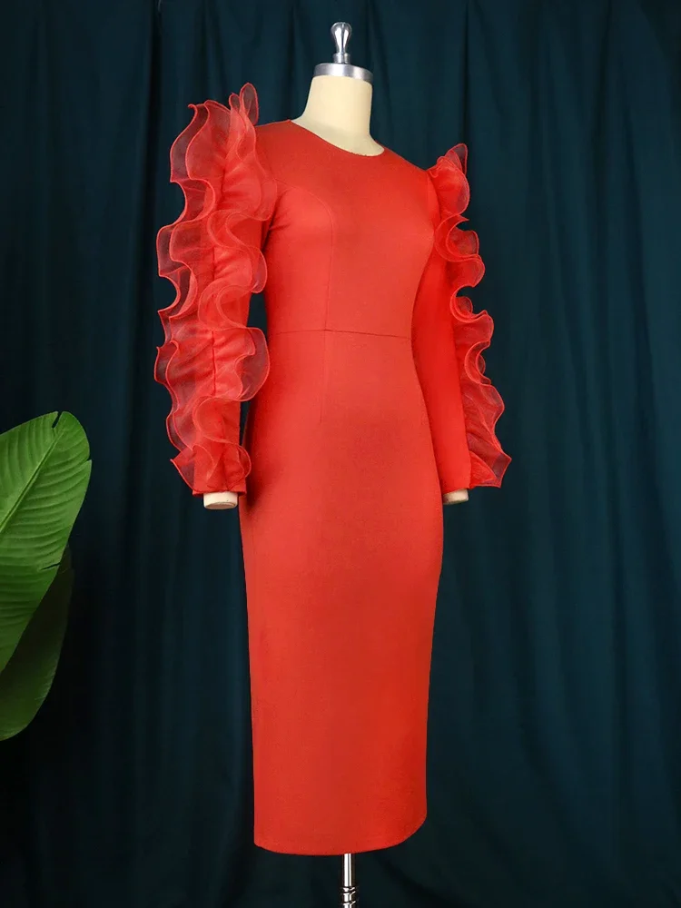 Vestido Bodycon vermelho manga longa feminino, Tamanhos Grandes, Tule, Plissado, Elegante, Vestidos de Aniversário, Elegante, Noite, Coquetel, Roupas de Festa, Femininas