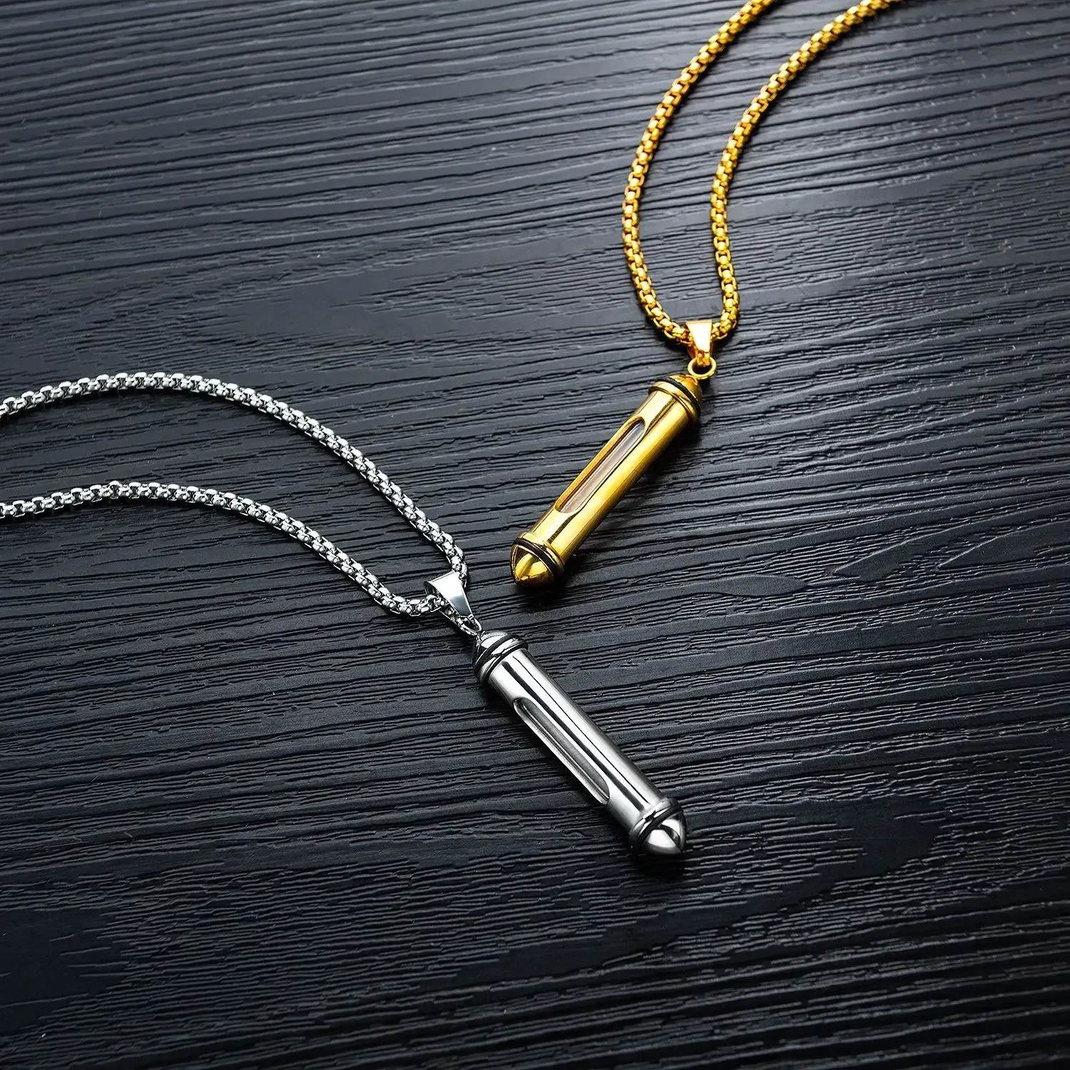 Gold Color Glass Cylindrical Pendant Open Ashes Men\'s Necklace Cremation Urn Stainless Steel Necklaces Jewelry