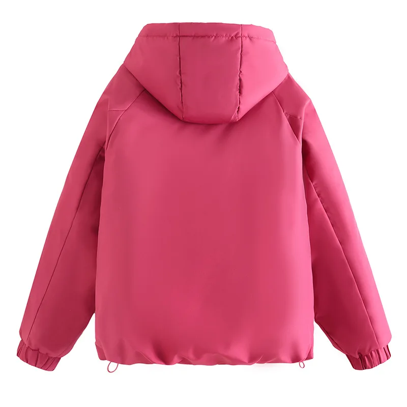 Women's Hooded Cotton Jacket Autumn Winter Drawstring Long Sleeved Trench Coat Solid Color Zipper Short Quilted Overcoat