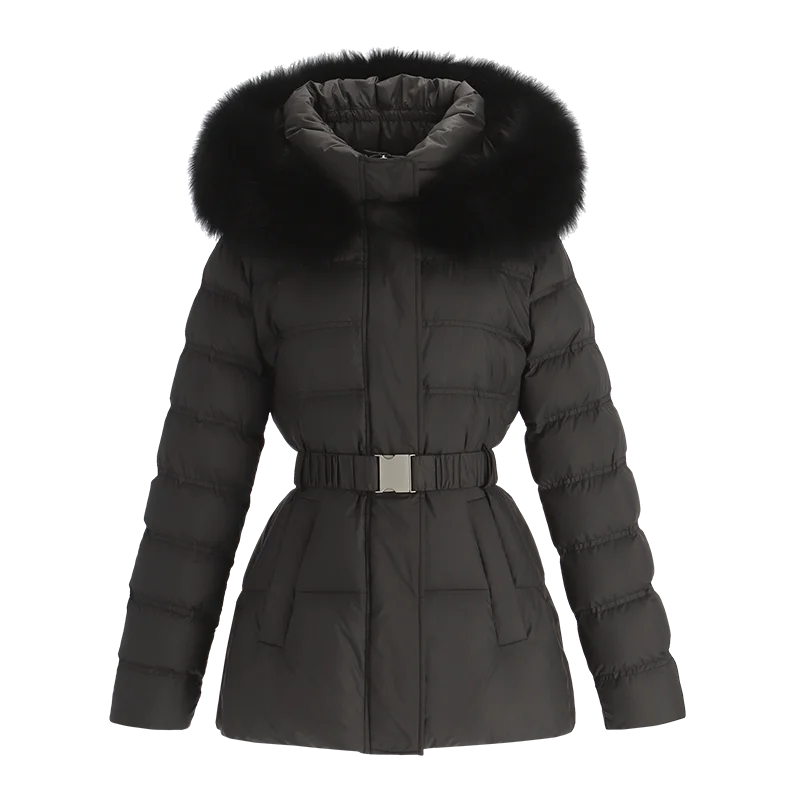 Nuevo abrigo de invierno de longitud media para mujer, abrigo cálido con cuello de piel sintética, prendas de vestir exteriores adelgazantes, tela con memoria para ir al trabajo