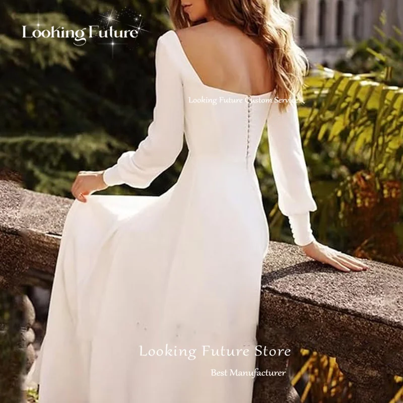 Abito da sposa bianco classico abiti da sposa a maniche lunghe colletto quadrato semplice senza schienale con fiocco abito da sposa Country vestido de noiva