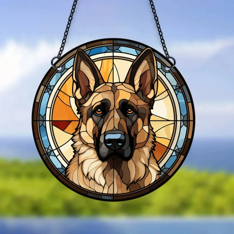 Cão impresso manchado Suncatcher janela pendurado pingente, padrão animal, ornamento redondo acrílico para jardim, quarto de casa, decoração da parede