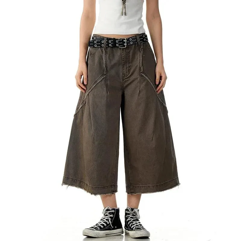 Men's High Street Cargo Shorts American Straight Tube Washed Worn-out Pocket Solid Color Overalls Over Knee Length IU9X