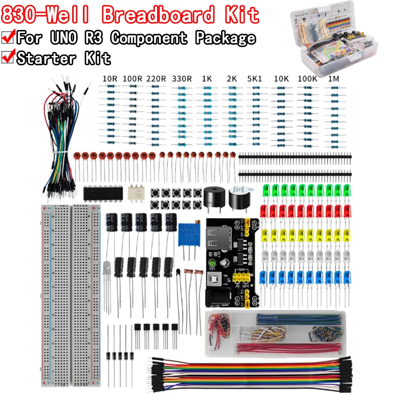 

Electronic Components Kit Pack Starter DIY Project For Arduino R3 Common Capacitors Resistors Capacitors 830-well Breadboard