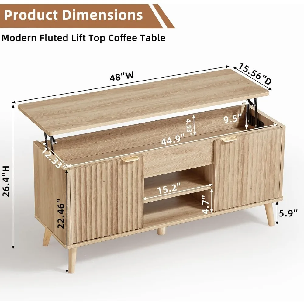 48" Fluted Lift Top Coffee Table with Hidden Storage & Adjustable Shelves, Lifting Tabletop Large Rectangular Coffee Ta
