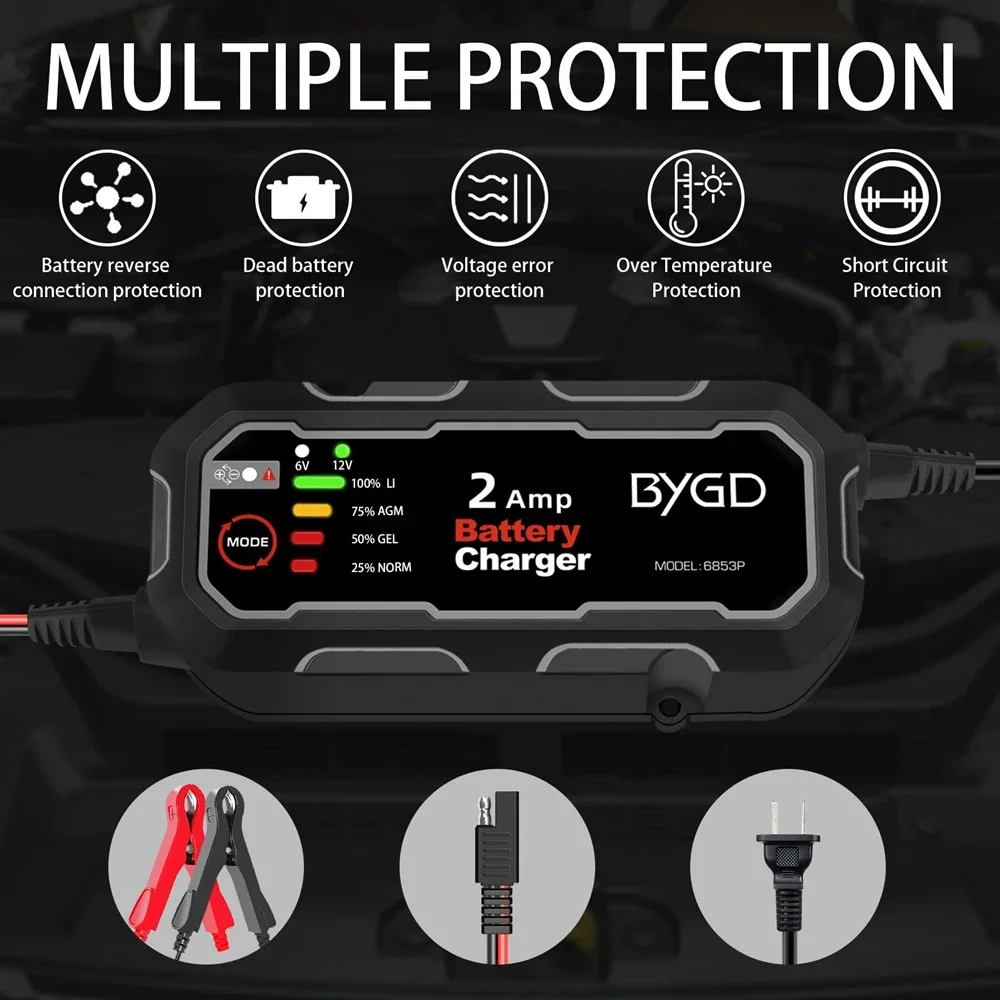 BYGD 2 Amp Fully-Automatic Smart Charger 6V 12V Car Battery Charger Maintainer Trickle Charger for Boats/Motorcycle/Car/Mower