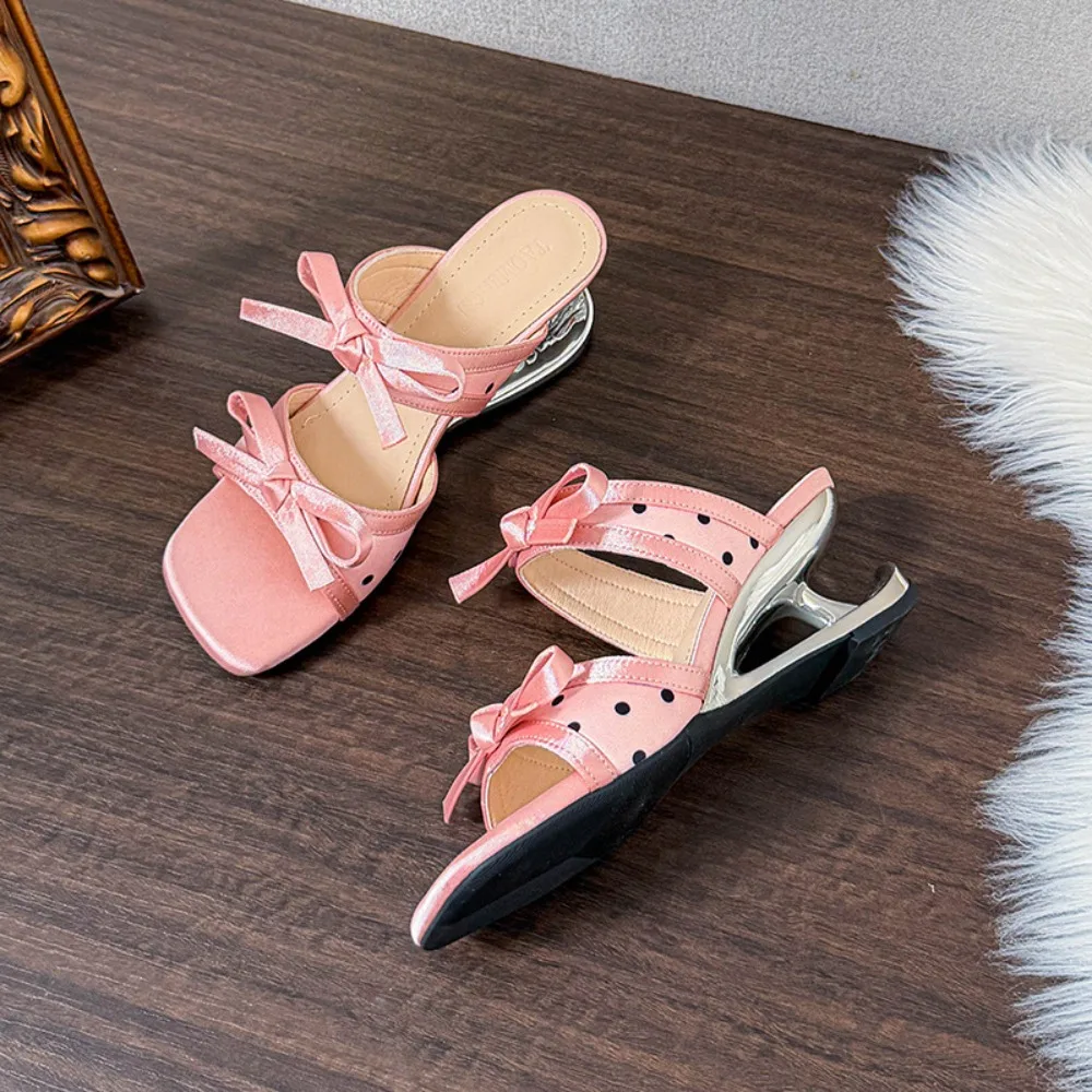 Women's Slippers Summer Outside Minimalist Bow High Heel Sandals Women's Retro Special Shaped Slippers Increase Height By 6cm