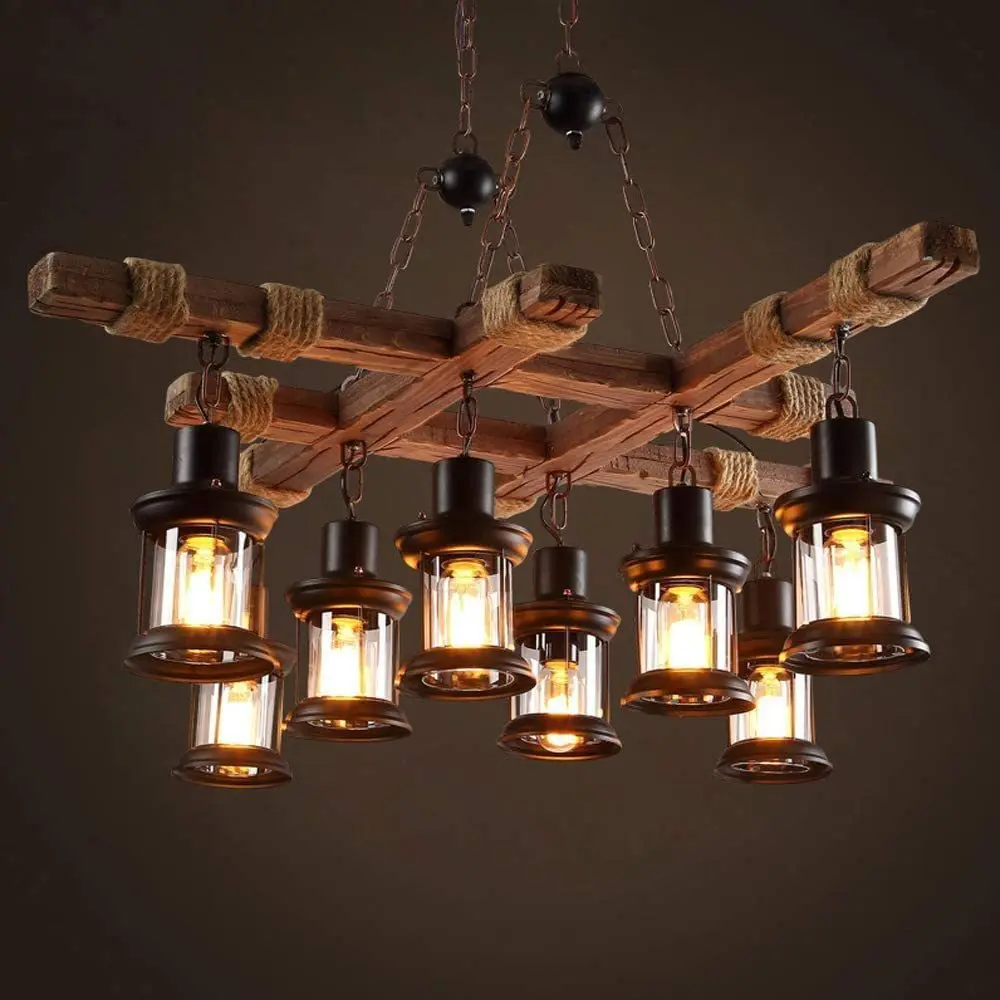 American vintage chandelier Industrial style wood decorative light Restaurant living room bar wood art  pendant light