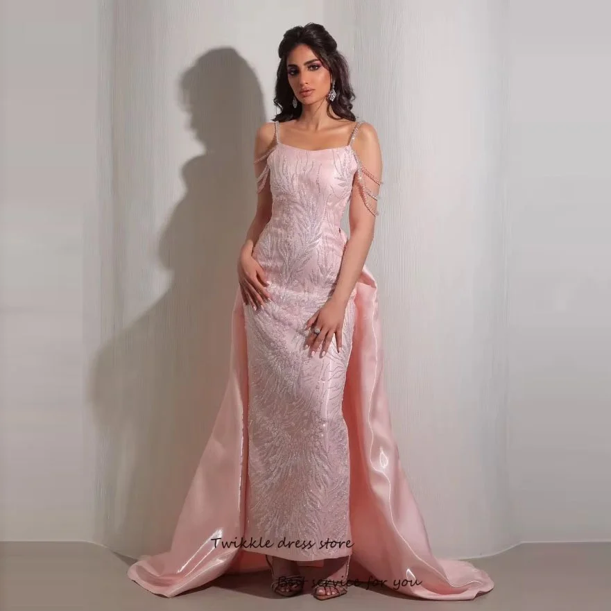 Pink Luxury Lace Evening Dresses with Panel Spaghetti Strap Sexy Prom Dress Floor Length Pearls Embellished Gowns Customized