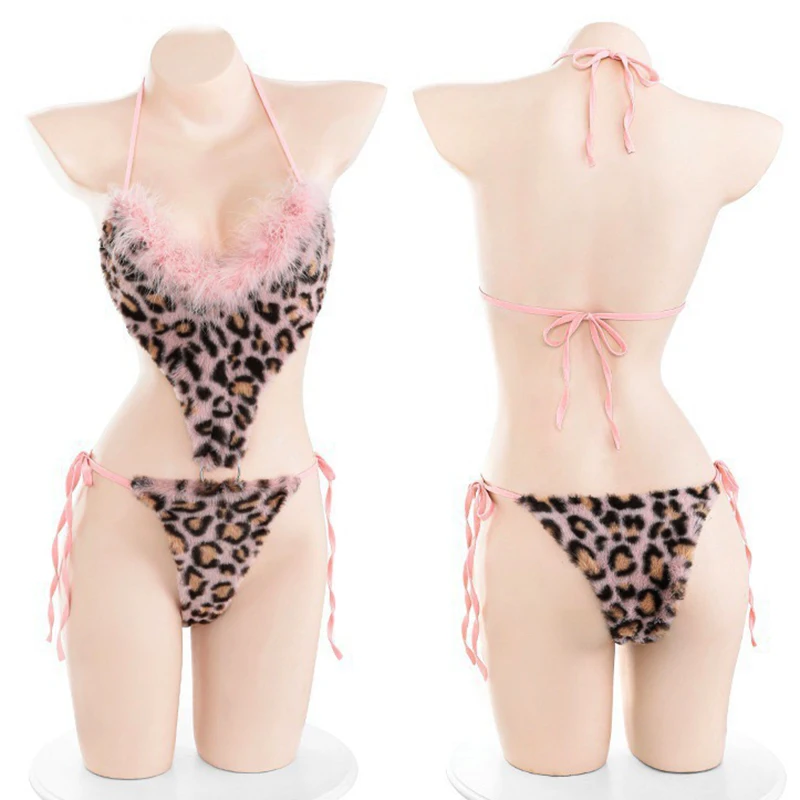 

Сексуальный розовый леопардовый костюм горничной для косплея, цельный плюшевый боди, наряд для девочек-кошек, нижнее белье для ролевых игр