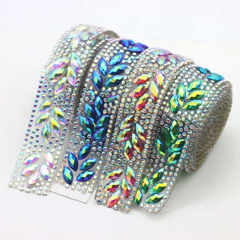 1 yard Red Green AB color Hot Fix Rhinestone Mesh Trim Glue on Rhinestone Cup Chain for DIY Garments Dance Dress Decoration