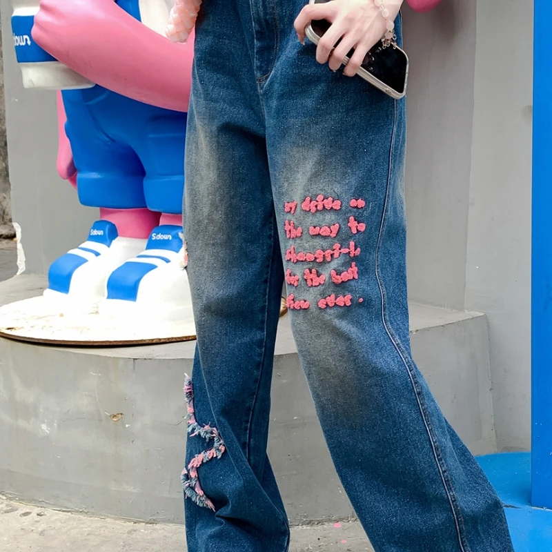 2024 New Casual Embroidery Retro Blue High Waist Skinny Wide Leg Jeans For Women