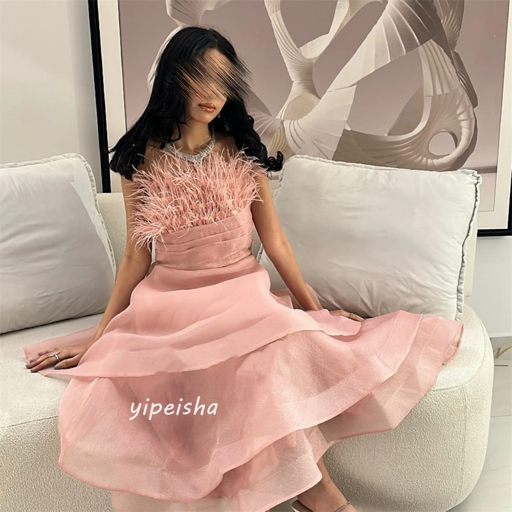 Jiayigong Sparkle Exquisite Modern Style Strapless A-line Tiered Feathers Ankle-Length Organza Bespoke Occasion Dresses Evening