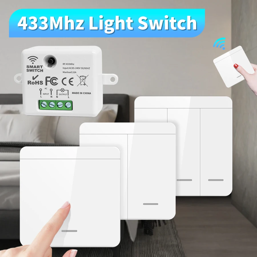 100-220V RF 433Mhz Lichtschalter Mini 10A Relais-Empfänger 1/2/3-Gang Wandpanel-Schalter Fernbedienung für LED-Beleuchtung zu Hause