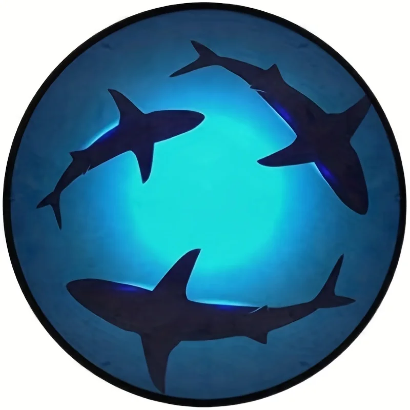 Shark Silhouette Blue Glow Round Rug Flannel Modern Minimalist Floor Mat Ocean Predator Theme 39in Non Toxic Eco Friendly Carpet