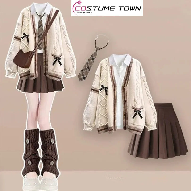 

Autumn and Winter Korean Knitted Cardigan Sweater for Women Shirt Tie and Brown Pleated Skirt Four Piece Set