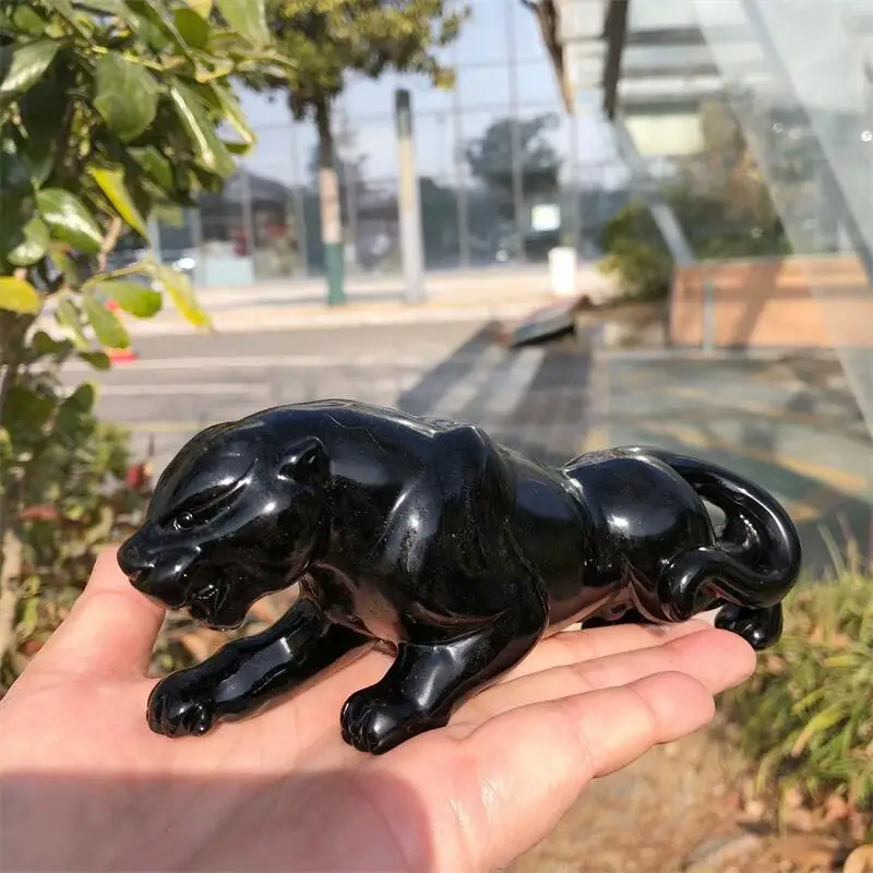 

15 см натуральный черный обсидиан гепард резьба статуя животного кварц целебная энергия драгоценный камень ремесла для рождественского подарка 1 шт.