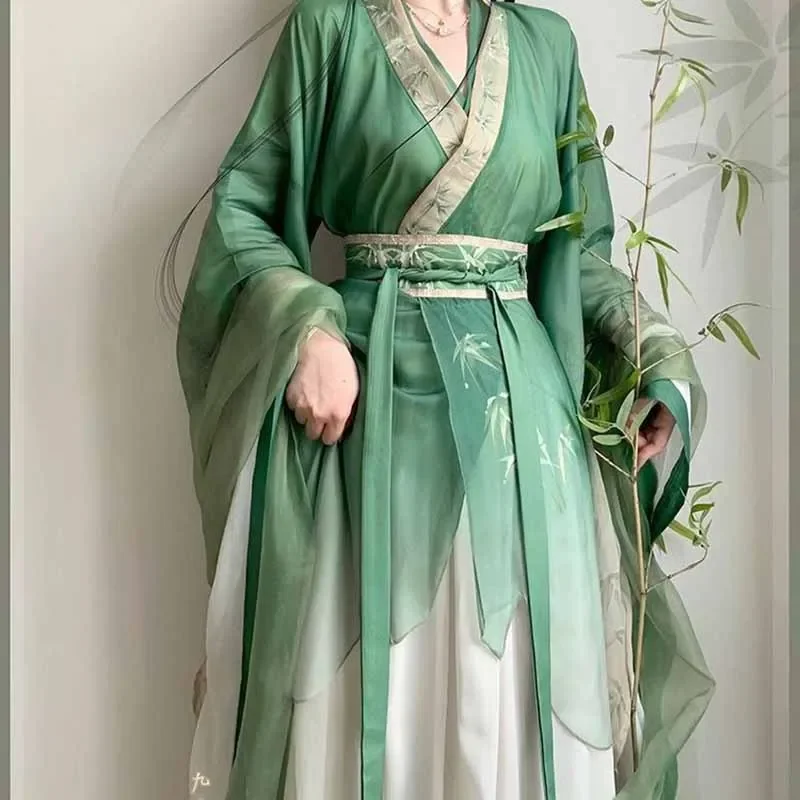 Vestido chinês hanfu feminino, traje cosplay de carnaval, roupa de festa, vintage tradicional antigo, verão, verde e branco