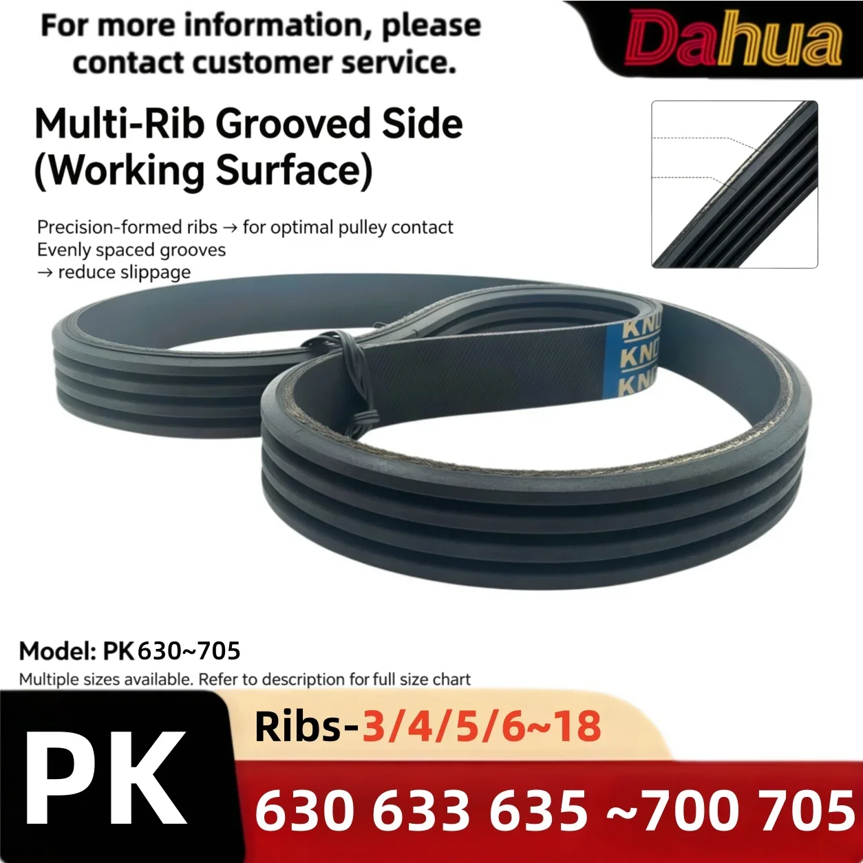 PK Multi-Rib Belt, Rubber Polyester, Heat & Wear Resistant, for Alternator, AC, Power Steering, Industrial Drive, PK630-PK705
