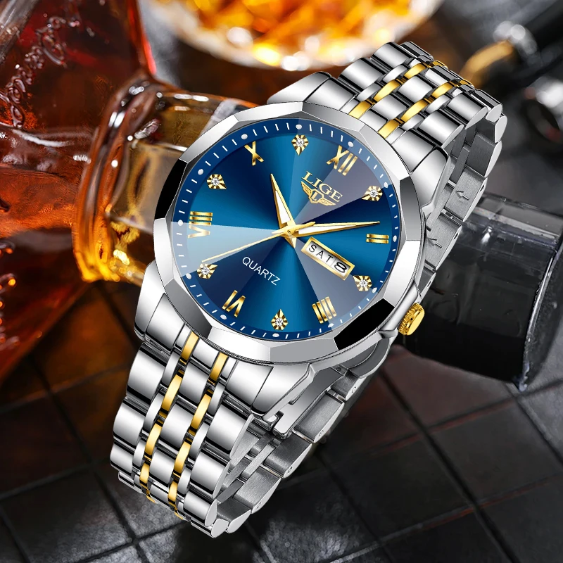 

New Fashion LIGE Quartz Watches fro Men Top Brand Luxury Stainless Steel Band Week Date Waterproof Sport Gentlemen Man Watch+Box