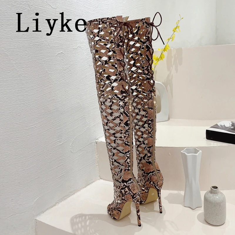 Liyke Sexy Snakes Print Leather Women Hollow Out Thigh High Over The Knee Boots Sandals Fashion Open Toe Zip Lace-Up Heels Shoes