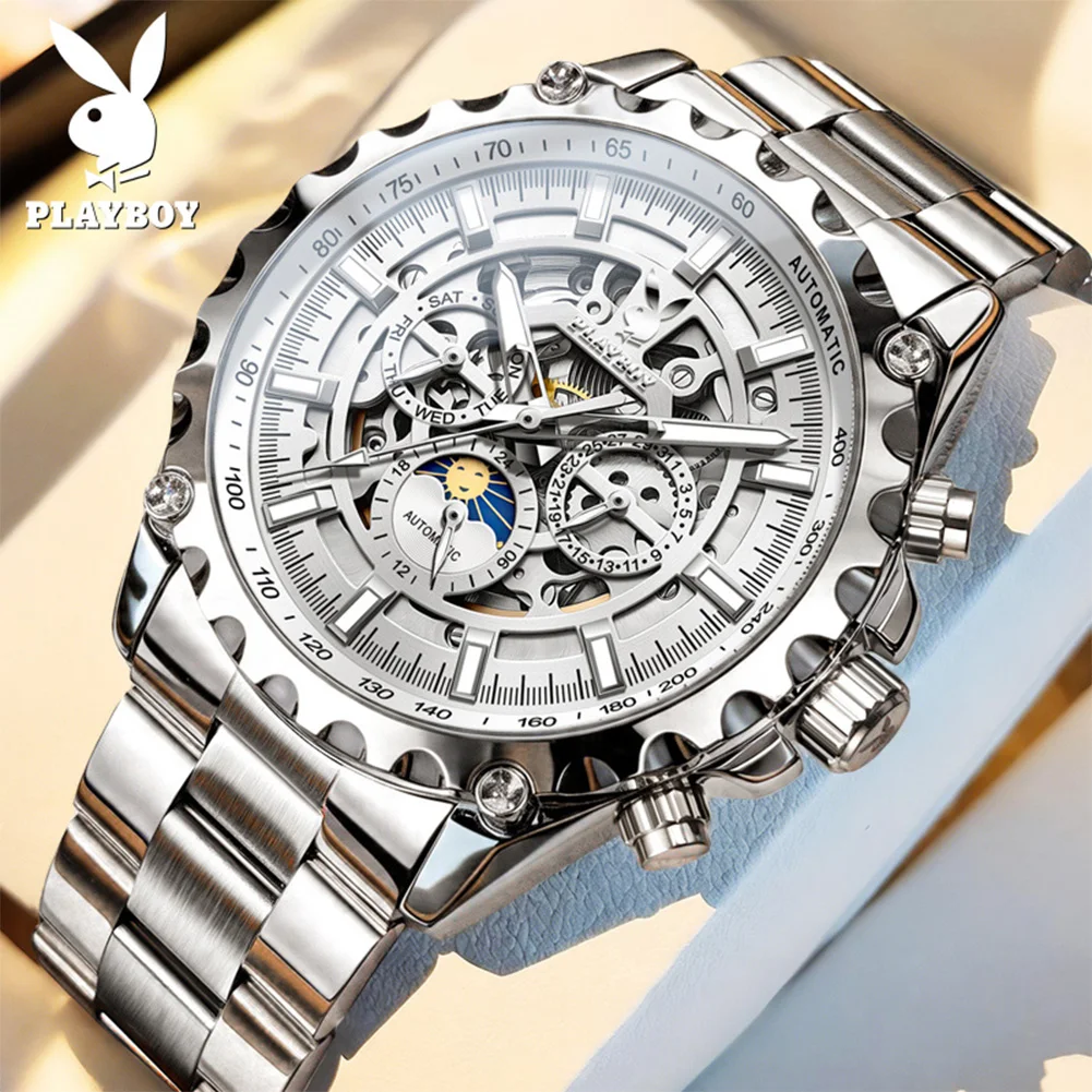 

PLAYBOY 3551 Brand Men Original Mechanical Movement Watch Sun Moon Dial Night Light Function Date Display 30m Waterproof Watch