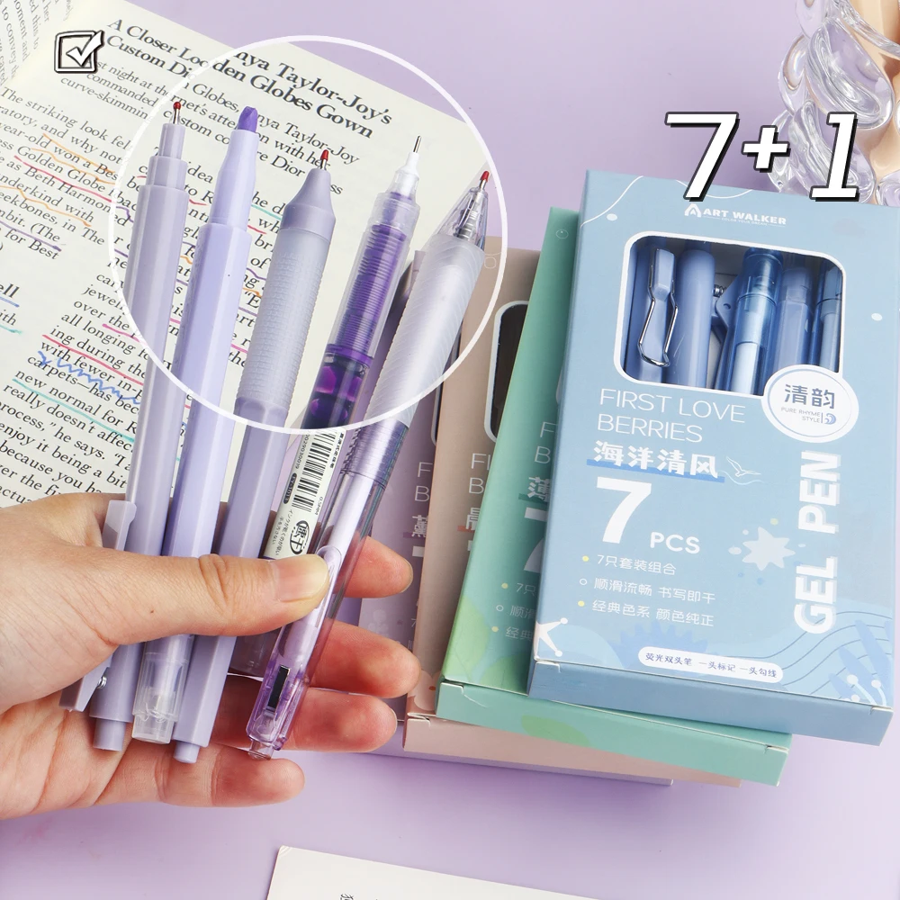 7 Pcs/Set Ballpoint Pen Black Ink Gel Pens 0.5mm Instagram Style Write Smooth For Student Gift School Supplies Office Stationery