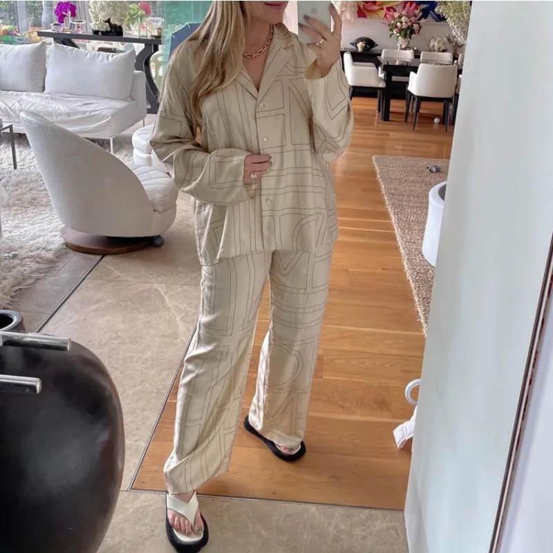 2023 Autumn Winter Letter Print Suit Women Long Sleeve Single-Breasted Turn-down Collar Shirt Top Mid Waist Straight Pants Suit